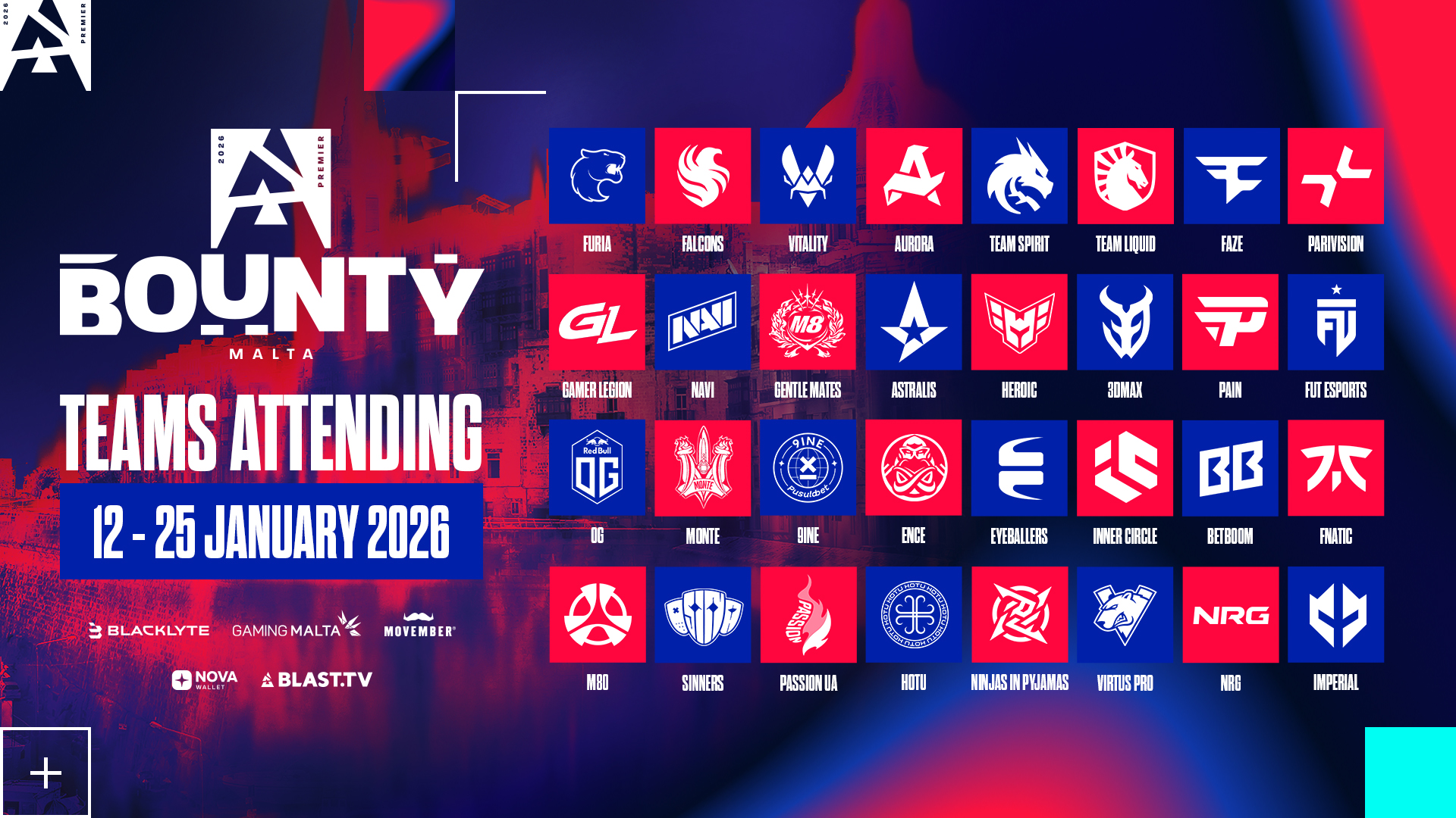 Liste des équipes participantes au Blast Bounty 2026 sur Counter Strike 2 avec Vitality, Gentle Mates, Falcons, Faze, 3DMAX, Spirit, Navi.