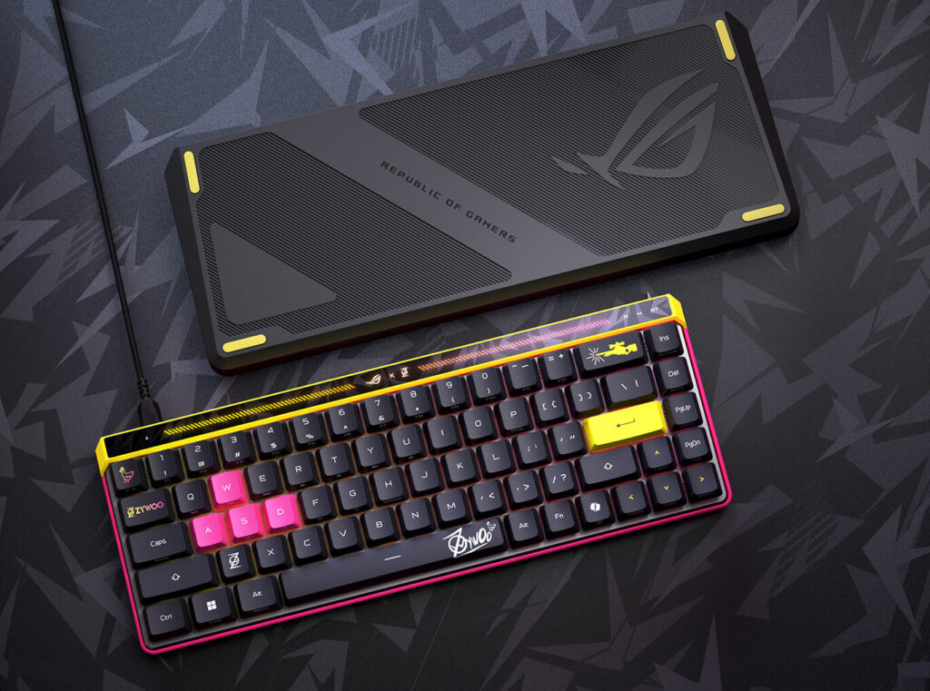 "Clavier gaming ASUS ROG Falchion Ace HFX ZywOo Edition avec couvercle de protection, design personnalisé et touches colorées inspirées de l’univers ZywOo.